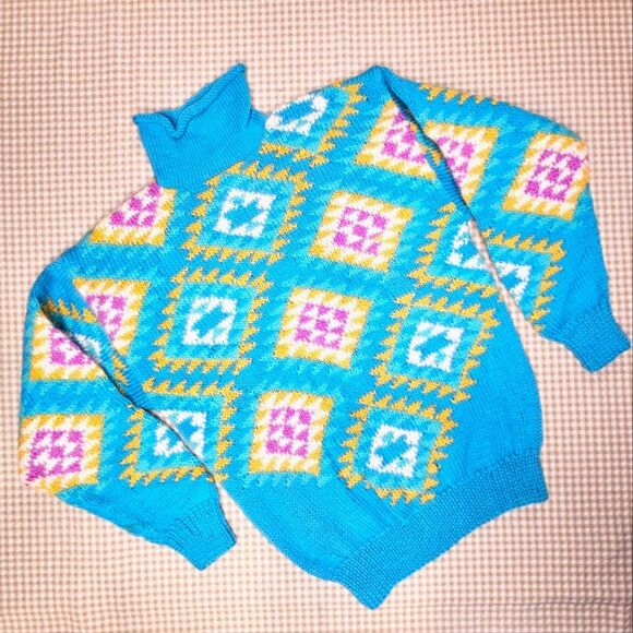 Vintage Obermeyer Jaynee Granny Square Geometric Rolled Turtleneck Wool Sweater - Picture 1 of 12